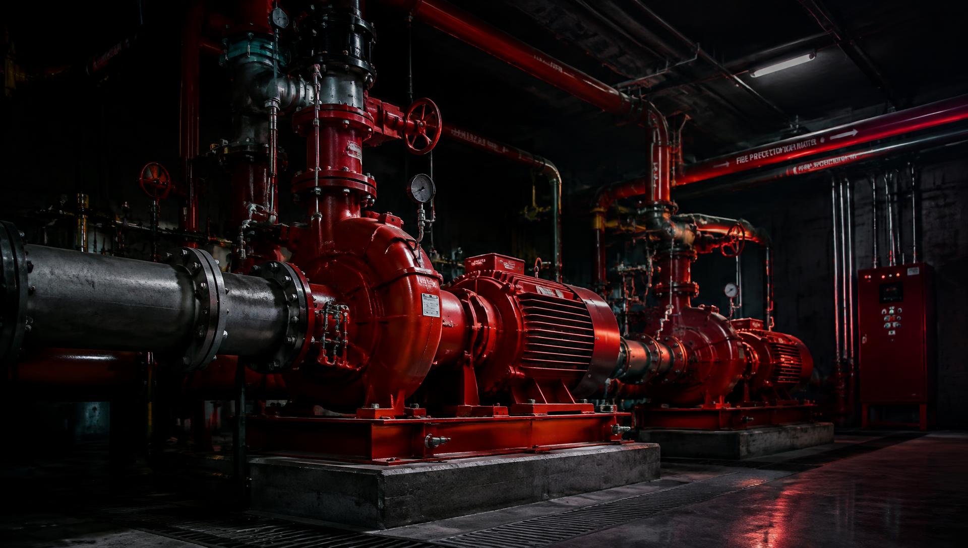 Fire pump room with red fire pumps and piping